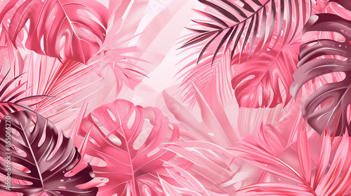 Beautiful pink tropical leaves pattern with various palm and monstera leaves, creating a vibrant and calming background, perfect for designs.