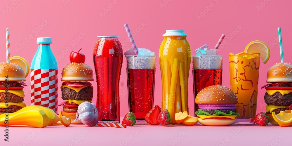 Colorful Fast Food and Refreshments Displayed in Vibrant Pink Setting Colorful Fast Food and Refreshments Displayed in Vibrant Pink Setting