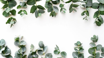 Eucalyptus leaves creating a border with empty space on white backdrop
