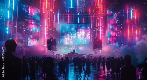 A Futuristic Concert Venue Filled With Partygoers Under Colorful Lights photo