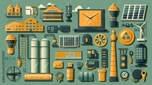 Set of renewable energy engineers and energy illustrations. Flat vector illustrations of renewable energy work, analysis, control, renewable energy development, energy research, energy education photo