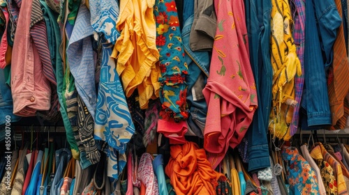 The heap of garments in the shop photo