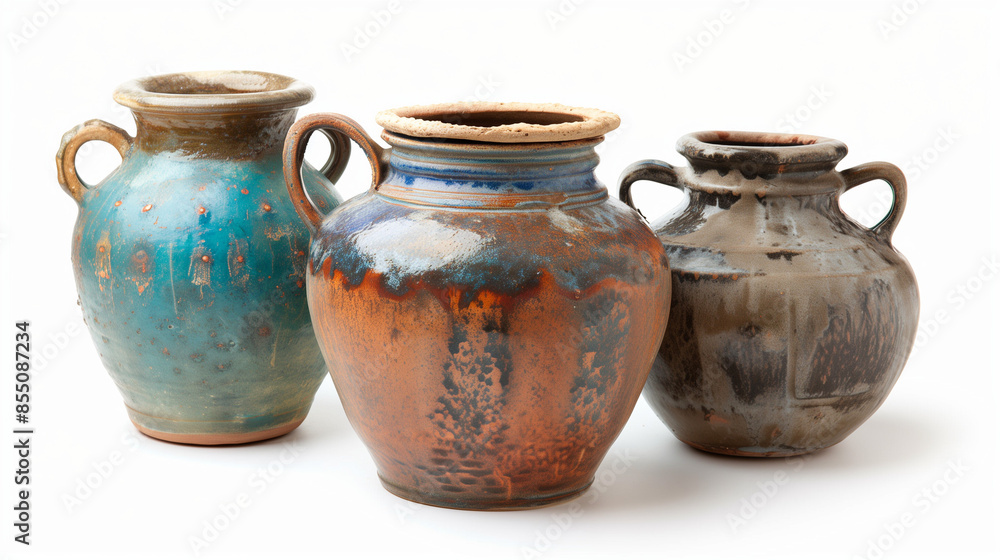 Several old ceramic urns on a white background, created using techniques from the past. These unique vessels are an example of the ancient art of pottery. Several old ceramic urns on a white background, created using techniques from the past. These unique vessels are an example of the ancient art of pottery.
