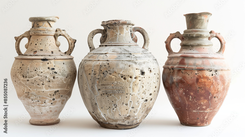 Several old ceramic urns on a white background, created using techniques from the past. These unique vessels are an example of the ancient art of pottery. Several old ceramic urns on a white background, created using techniques from the past. These unique vessels are an example of the ancient art of pottery.