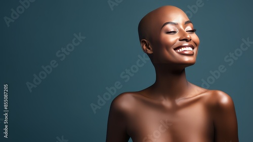 Beautiful, sexy, happy smiling dark-skinned African American woman with perfect skin and short haircut, on a dark blue background, banner. © ALA