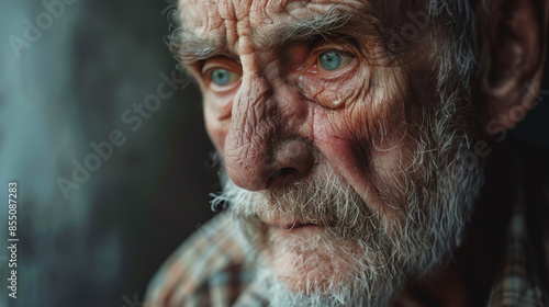 Close-up portrait of an elderly man with deep wrinkles and a contemplative expression, showcasing age and wisdom. © arhendrix