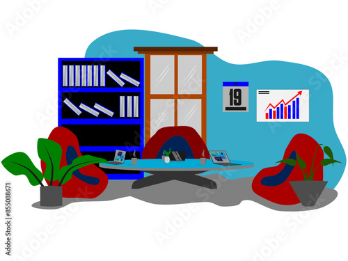 Home office workspace concept, computer on desk, cup on table, cactus flower on table, plant in pot, chair, pencil box on table, calendar and cupboard with book contents, flat vector illustration photo