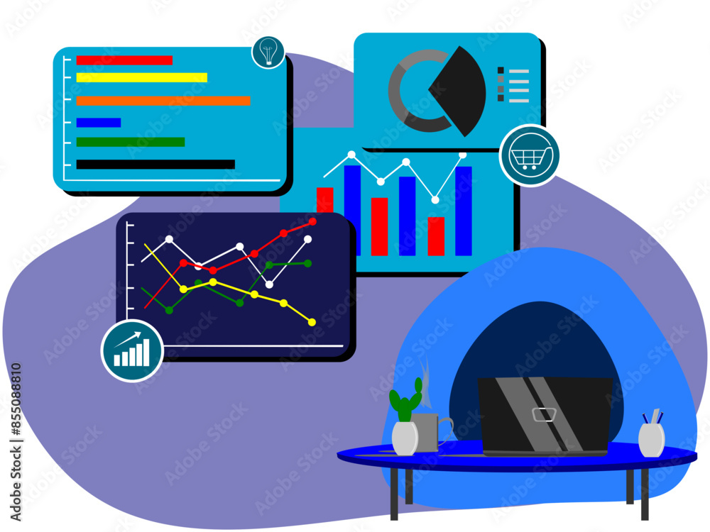 Home office workspace concept, computer on the table, cup on the table, cactus flower on the table, pencil box on the table, and illustration of several types of graphs, flat vector illustration Home office workspace concept, computer on the table, cup on the table, cactus flower on the table, pencil box on the table, and illustration of several types of graphs, flat vector illustration