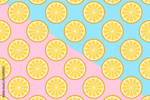 Fresh, tropical fruits, citrus, lemon. Seamless fruit background for banners, printing on fabric, labels, printing on T-shirts. Children's drawing in cartoon style on a blue background.