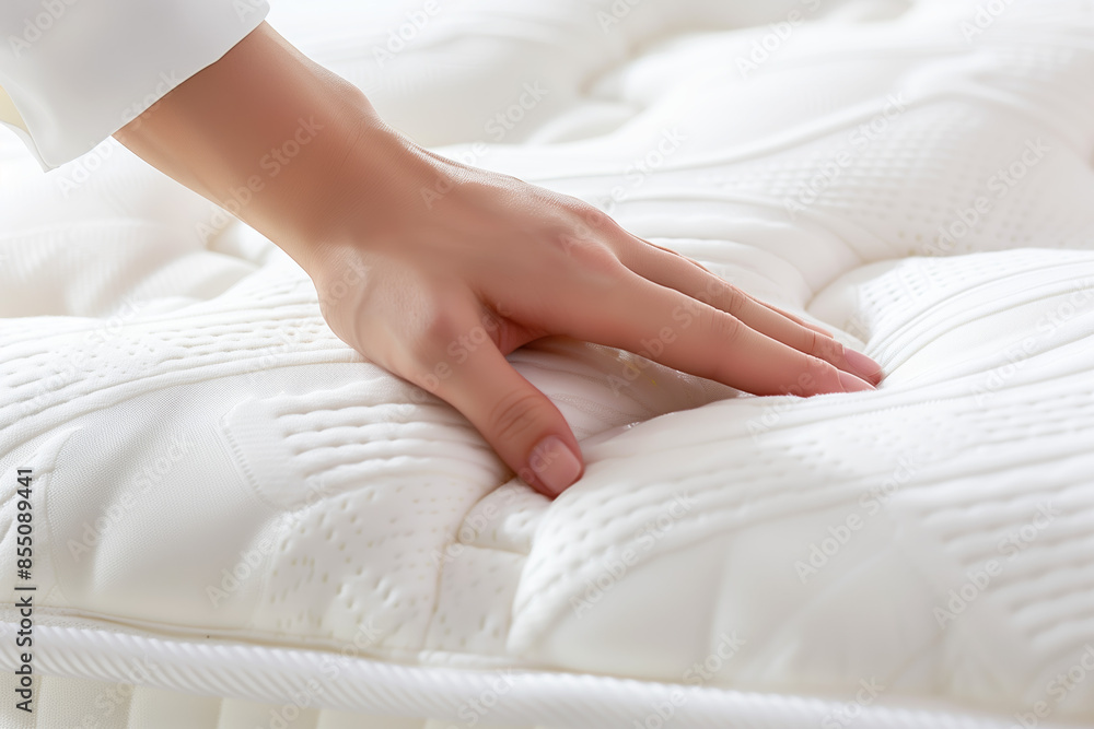 Closeup hand on a fluffy white mattress. Closeup hand on a fluffy white mattress.