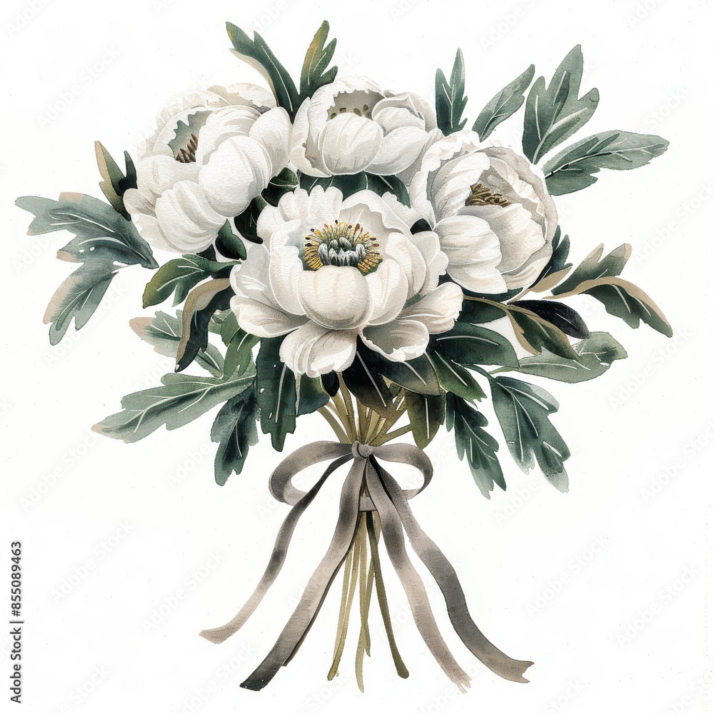 custom made wallpaper toronto digitalWatercolor clipart on white background, Simple bouquet tied with a ribbon featuring Peonies, in black, white and neutral palette