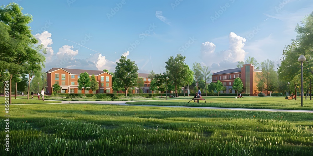 red brick apartment buildings with green lawn in front