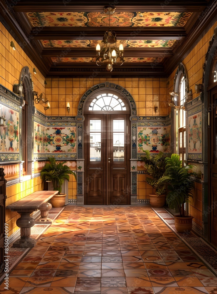 Fototapeta premium European style corridor with bright colored tiles and plants