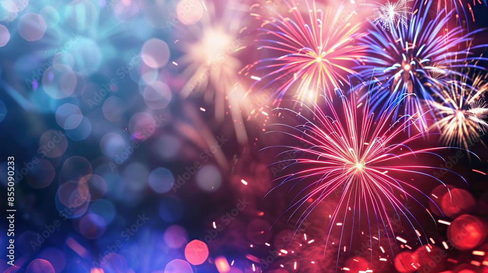 Fototapeta premium I imagine an image of fireworks lighting up the night sky, bursting with bright colors, celebrating a festive occasion
