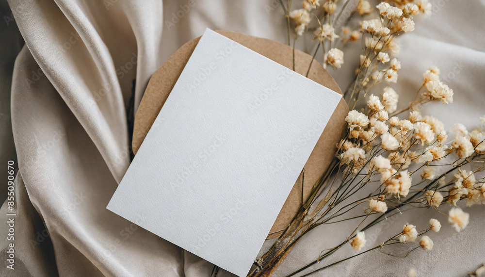 blank white paper card lies on soft satin fabric, surrounded by delicate dried flowers. This flat lay composition offers ample copy space, evoking simplicity, elegance, and minimalism blank white paper card lies on soft satin fabric, surrounded by delicate dried flowers. This flat lay composition offers ample copy space, evoking simplicity, elegance, and minimalism