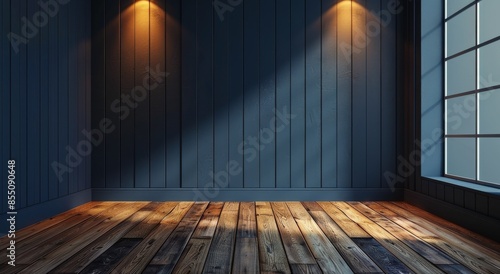 Empty Room With Blue Walls and Wood Floor Under Light
