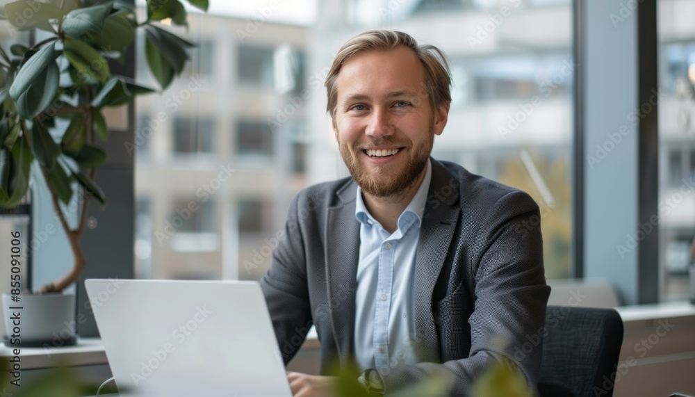 Smiling Businessman Working on Laptop in Modern Office Smiling Businessman Working on Laptop in Modern Office