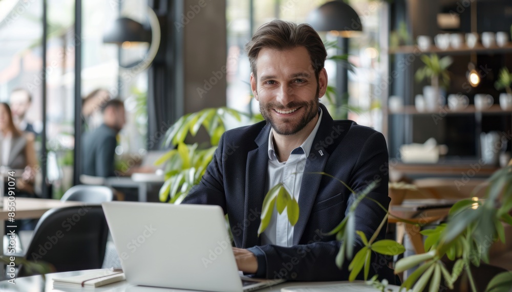 Smiling Man Working on Laptop in Modern Cafe Smiling Man Working on Laptop in Modern Cafe