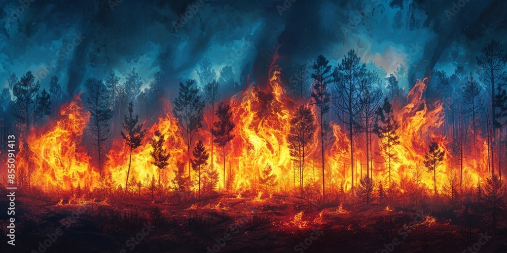 Raging Forest Fire Under a Midnight Sky with Intense Flames Lighting Up the Trees Raging Forest Fire Under a Midnight Sky with Intense Flames Lighting Up the Trees