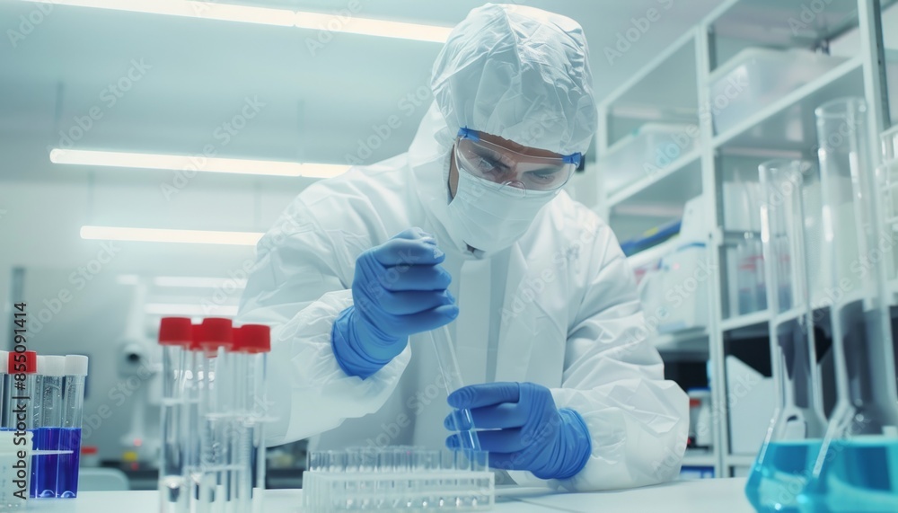 Scientist in a Laboratory Conducts a Research Experiment While Wearing Protective Gear Scientist in a Laboratory Conducts a Research Experiment While Wearing Protective Gear