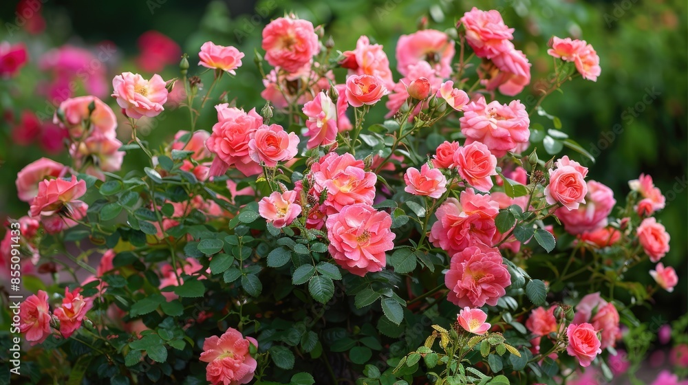 Summer garden flowers Polyantha roses blooming Summer garden flowers Polyantha roses blooming