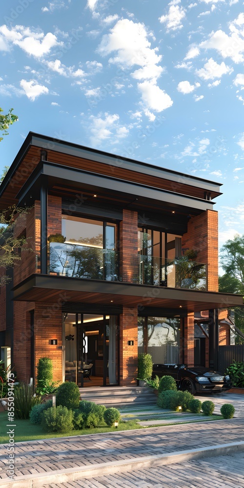 Obraz premium Modern Brick House with a Balcony and a Car in Front