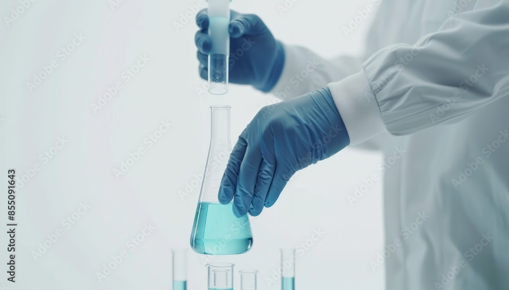 Scientist in Lab Coat Pouring Blue Liquid From Test Tube Into Flask Scientist in Lab Coat Pouring Blue Liquid From Test Tube Into Flask
