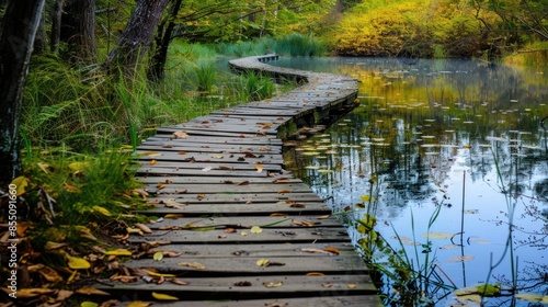 Path made of wood leading to the pond photo