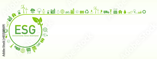 Banner for Sustainability development, ESG, green energy, sustainable industry, ecological production concept. Environmental, Social, Corporate Governance, Vector illustration