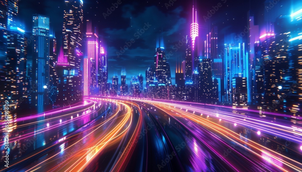 Neon Cityscape With Long Exposure Light Trails at Night Neon Cityscape With Long Exposure Light Trails at Night
