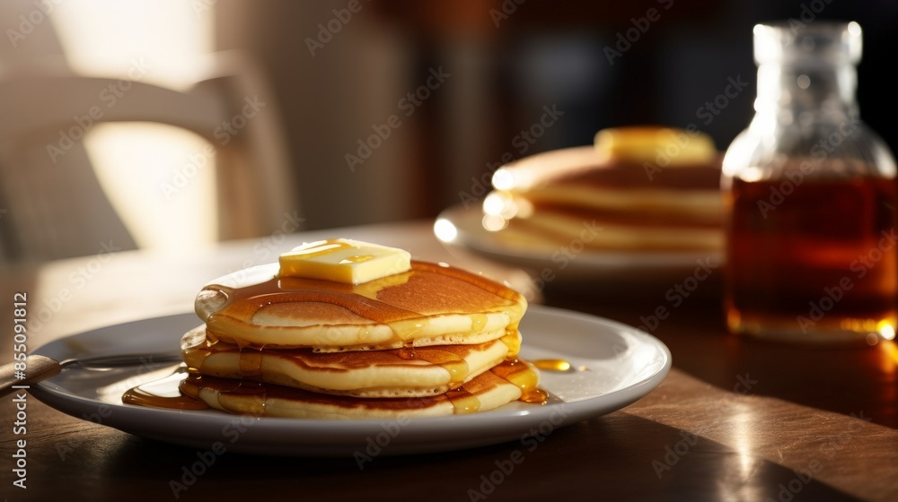 Honey drizzled over fresh pancakes with a pat of melting Honey drizzled over fresh pancakes with a pat of melting
