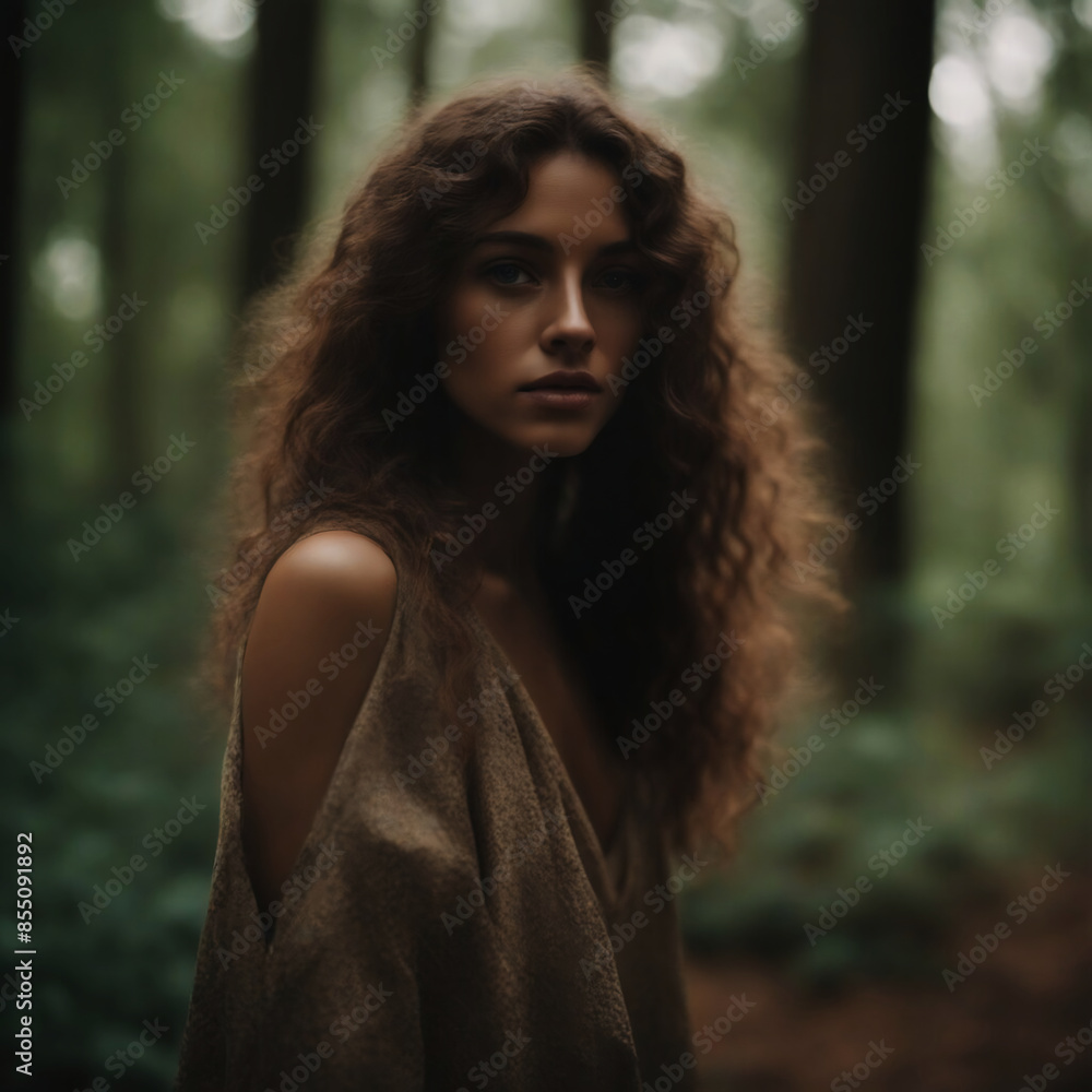 Beautiful woman with long curly brown hair and tan skin, walking in woods on hike alone during summer morning with tall trees all around. soul searching enjoying nature in wanderlust scene Beautiful woman with long curly brown hair and tan skin, walking in woods on hike alone during summer morning with tall trees all around. soul searching enjoying nature in wanderlust scene