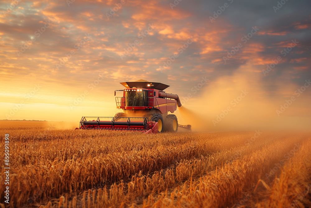 Fototapeta premium Harvester collects ripe corn in a ripe corn field