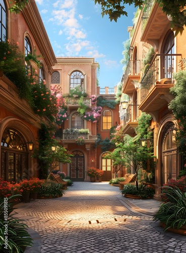 European courtyard with flowers and trees © Adobe Contributor