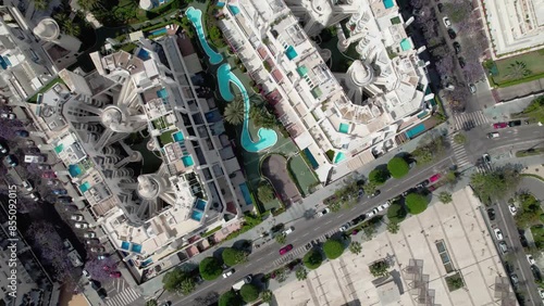 Showing an Aerial View of an Urban City featuring Modern Architecture and Vibrant Green Spaces in Marbella, Malaga, Spain