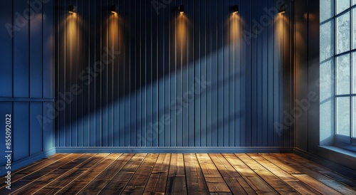 Empty Room With Blue Walls and Wood Floor Under Light