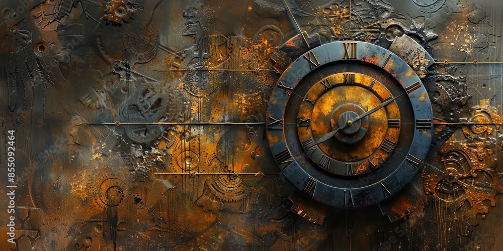 Naklejka premium Industrial Steampunk Clock on Textured Rusty Metal Background