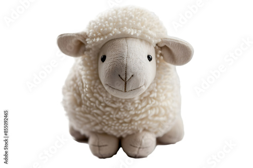 A detailed image of a sheep stuffed animal toy, isolated on a transparent background, with fluffy wool and a sweet expression
