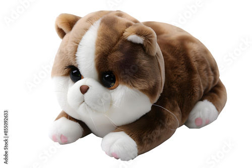 A detailed photo of a cat stuffed animal toy, isolated on a transparent background, showing its soft fur and cute facial features 