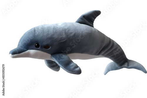 A detailed photo of a dolphin stuffed animal toy, isolated on a transparent background, showing its sleek design and friendly expression 