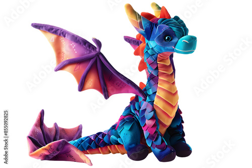A vibrant photo of a dragon stuffed animal toy, isolated on a transparent background, featuring its wings and imaginative design