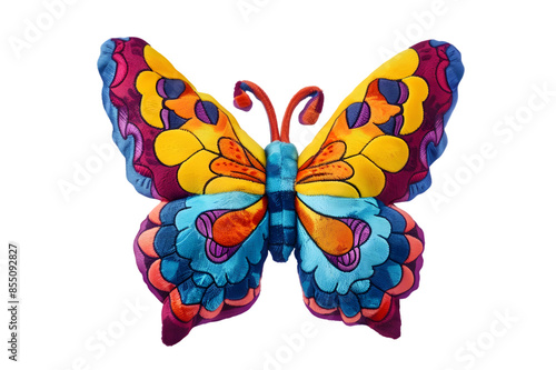 A vibrant photo of a butterfly stuffed animal toy, isolated on a transparent background, featuring colorful wings and a cheerful appearance 