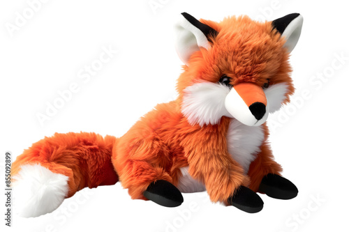 A vibrant photo of a fox stuffed animal toy, isolated on a transparent background, featuring a bushy tail and pointed ears