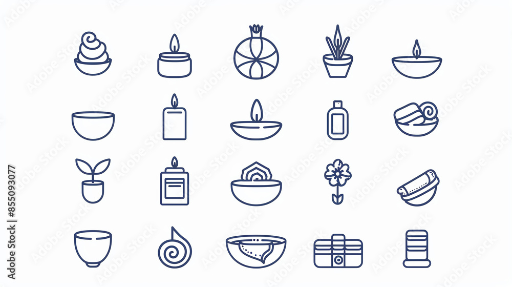 Line icons of spa and wellness elements such as candles, plants, and essential oils in a simple and minimalist design. Line icons of spa and wellness elements such as candles, plants, and essential oils in a simple and minimalist design.