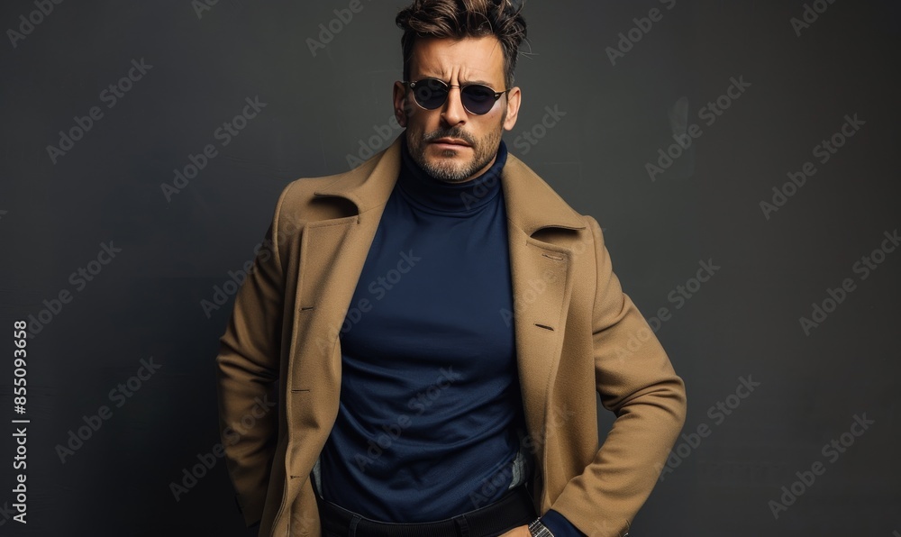 Obraz premium Man Wearing Tan Trench Coat and Sunglasses Posing Against a Grey Background