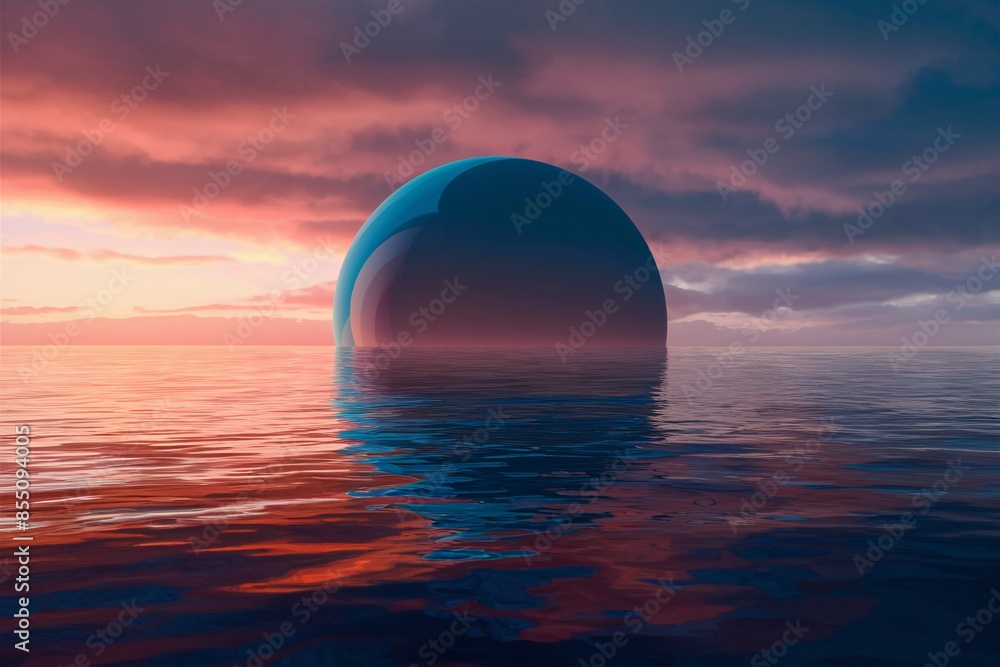 This is an image of a large, blue sphere floating on a body of water. The sphere is reflecting the sky, which is a gradient of pink, orange, and yellow. The water is a deep blue and is reflecting the This is an image of a large, blue sphere floating on a body of water. The sphere is reflecting the sky, which is a gradient of pink, orange, and yellow. The water is a deep blue and is reflecting the