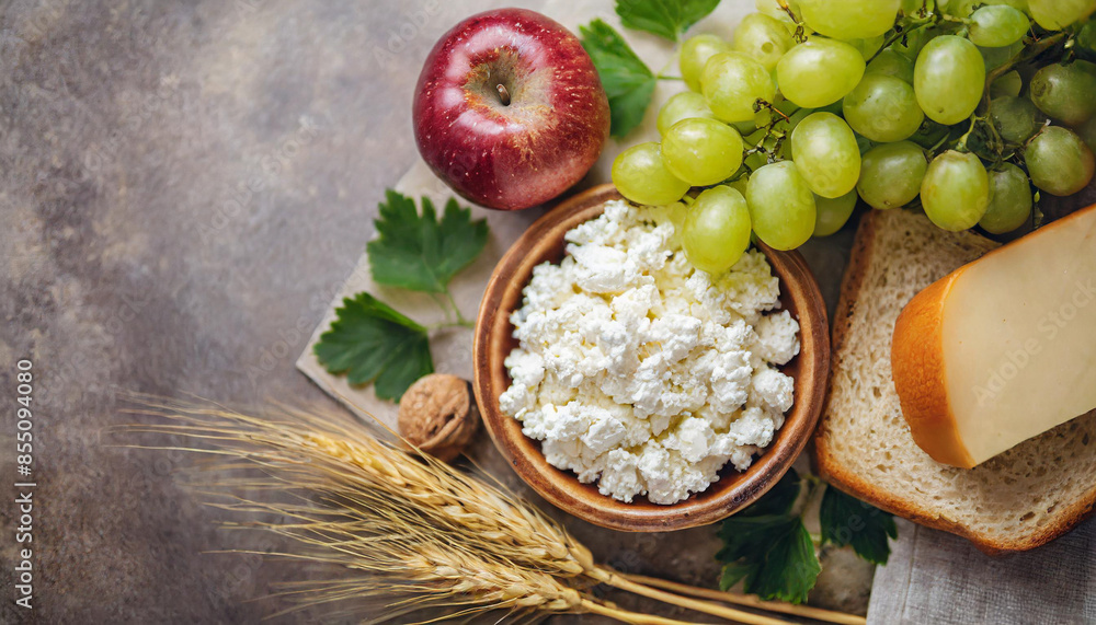 Picture Idea: Shavuot Greeting Card Template With Cottage Cheese Grapes Bread And