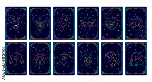 Collection of tarot cards with  zodiac signs.