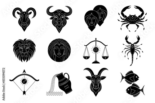 Collection of zodiac signs on white background.