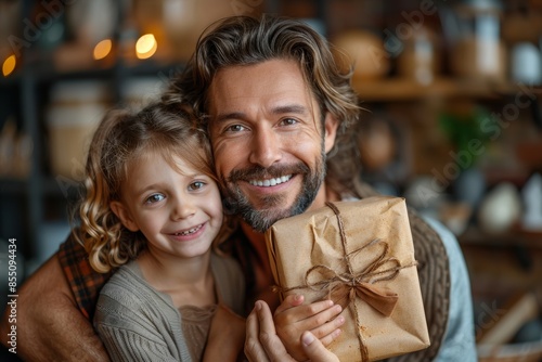 Happy Fathers day. American kid daughter and son giving gift box to dad for holiday at home photo